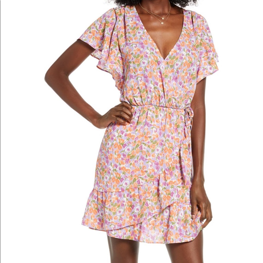 All in Favor Flutter Sleeve Faux Wrap Dress